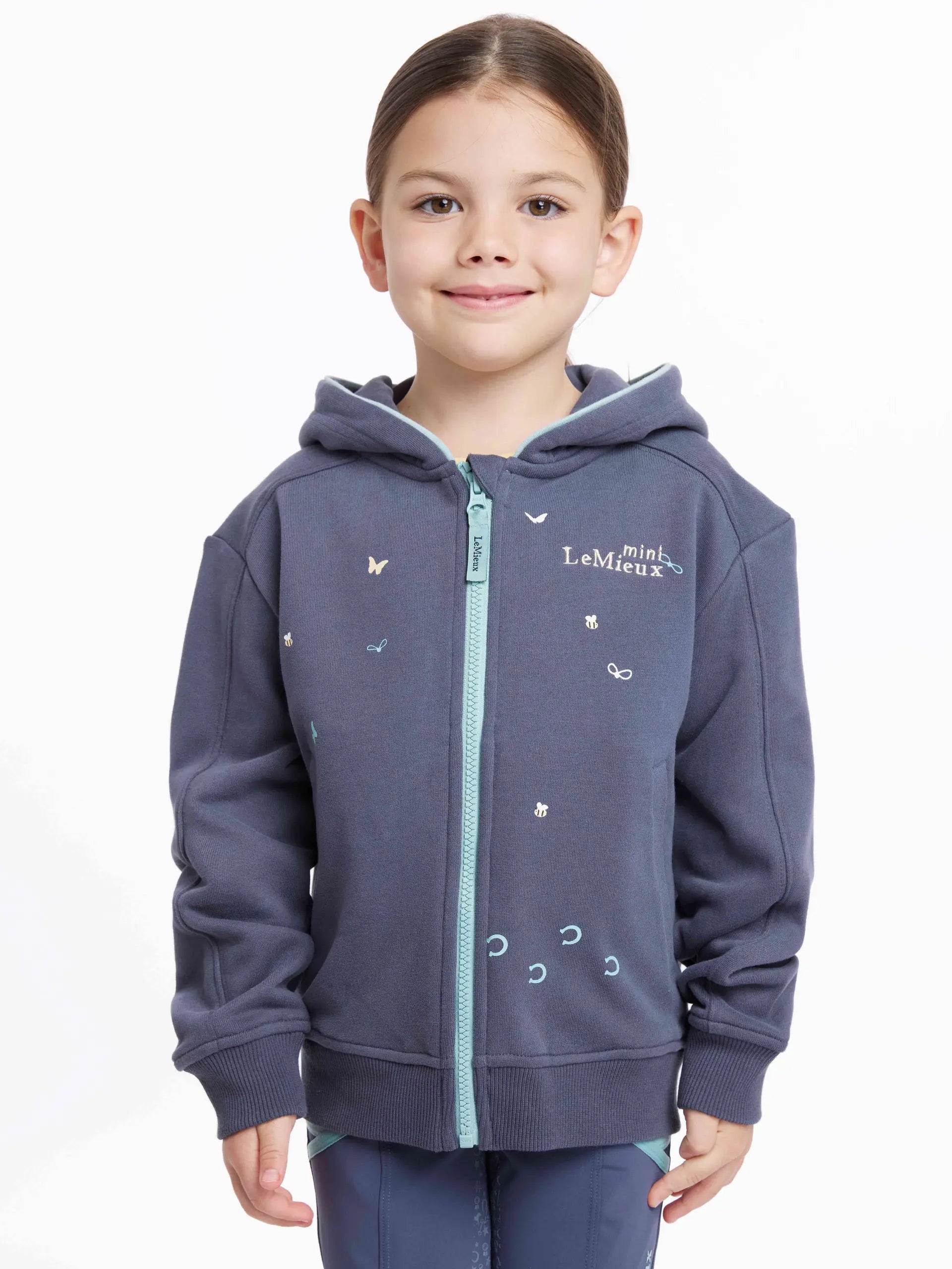 LEMIEUX Mini Charlie Dusk Blue Hoodie: Kids equestrian zip-up with bugs, butterflies, and mini pony applique details. Comfortable & stylish!