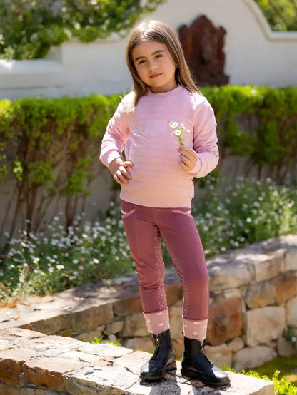 LeMieux Mini Cici Crew Blossom: Girl in pink riding sweater & tights. Children's equestrian apparel by Equiflair.