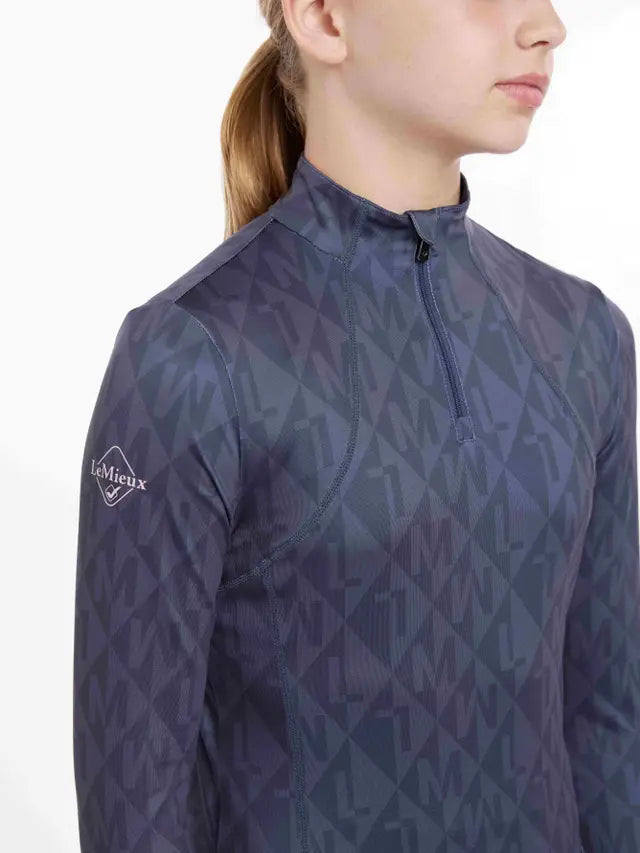 LEMIEUX Young Rider Clea Base Layer - Dusk Blue Quarter Zip Equestrian Top, Girl's Long Sleeve Riding Shirt with Diamond Pattern