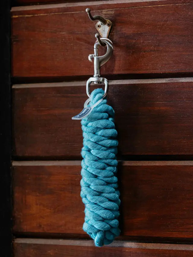 LEMIEUX POLYCOTTON LEADROPE LAGOON (Equiflair) - Blue Horse Lead Rope Hanging from Hook