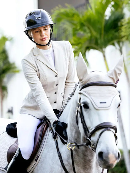 Equestrian: Woman in LeMieux Jessica Mesh Show Jacket Stone by Equiflair. Riding Apparel, Horse Show Jacket
