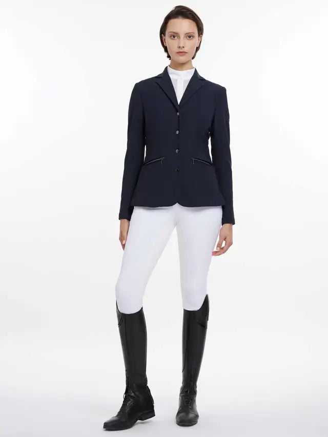 Lemieux Jessica Mesh Navy Show Jacket, Equestrian Riding Apparel, White Breeches, and Riding Boots