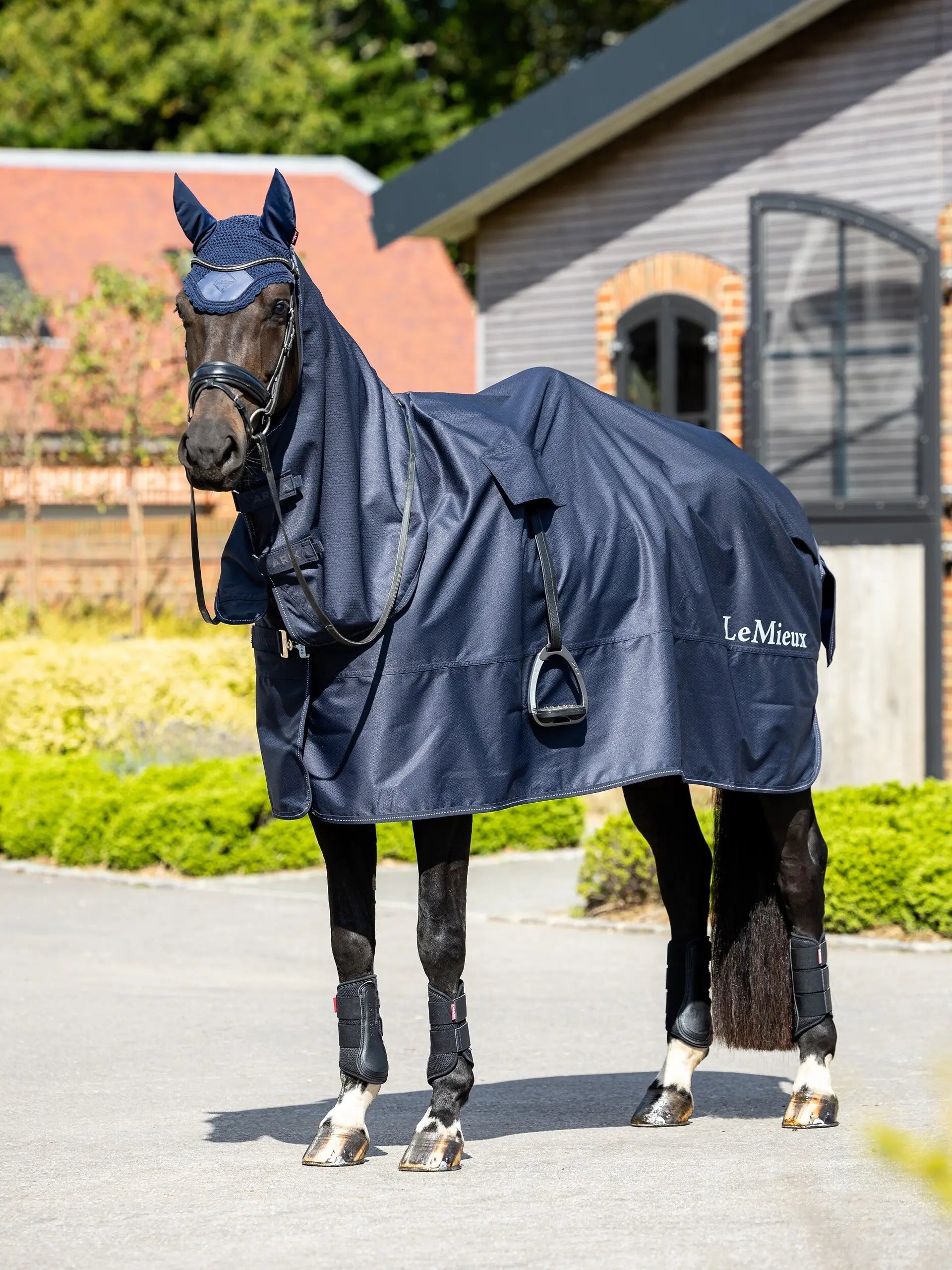 LEMIEUX RAIN SHEET NAVY: Horse wearing waterproof blanket with stirrup slits and reflective trim. #Equiflair #HorseBlanket