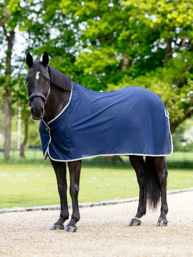 LEMIEUX scrim navy horse blanket. Equestrian mesh cooler for show horses. Keep horse clean and dust-free. 
