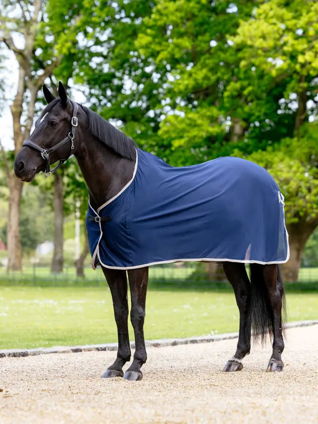 LeMieux Scrim Navy Horse Sheet Cooler: Lightweight mesh dress cooler by Equiflair. Protects horse from dust at competitions & shows.