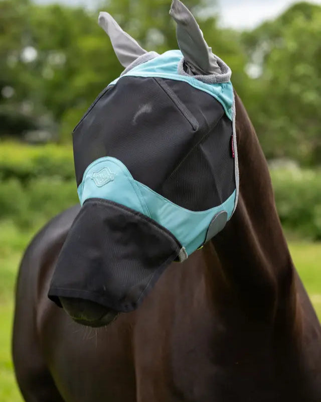 LEMIEUX VISOR-TEK Fly Mask LAGOON: Horse wearing protective mesh fly mask with UV protection from Equiflair.