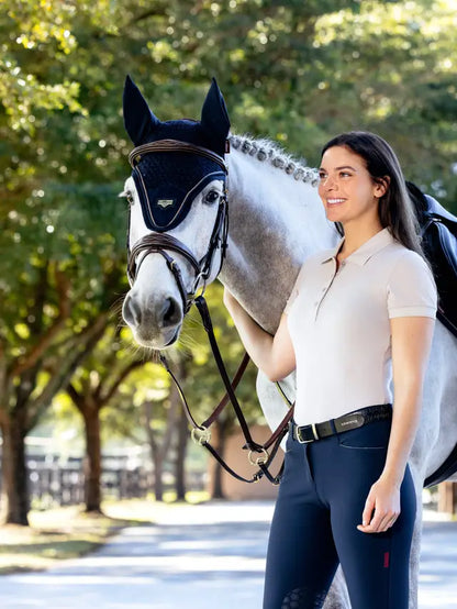 LEMIEUX PUISSANCE FLY HOOD NAVY: Equestrian Woman with Horse & Fly Hood from Equiflair Saddlery
