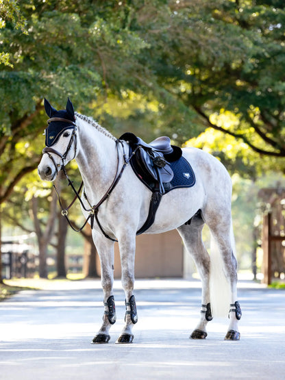 Dressage Horse with Lemieux Puissance Suede Close Contact Navy Saddle Pad, Equestrian Equipment