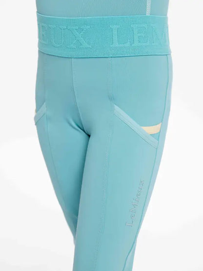 LeMieux Mini Lagoon Riding Leggings: Children's Equestrian Apparel. Aqua Blue Pull-on Breeches with Pockets.