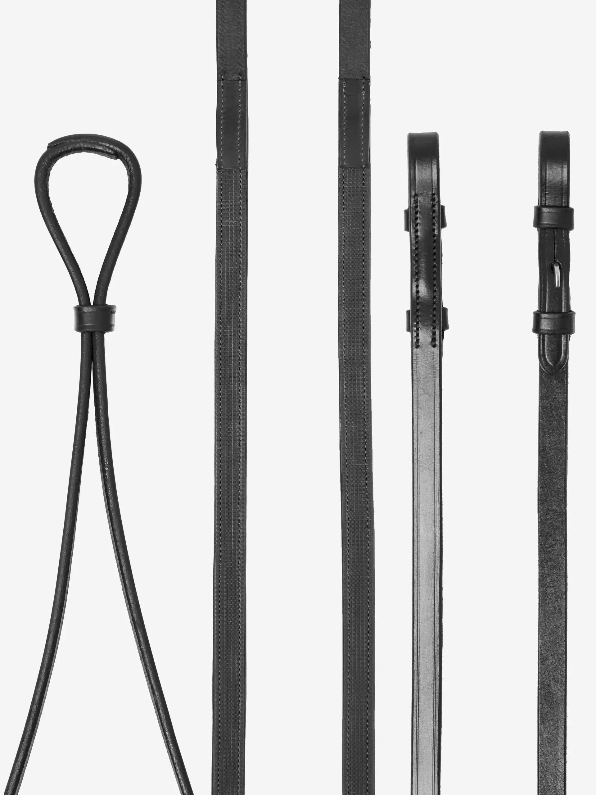 LeMieux Hunter Black Leather Rubber-Lined Curb Rein for Pelham/Gag Bridle - Close-up Equestrian Equipment