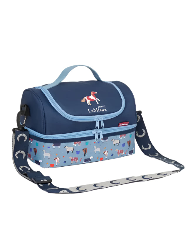 Lemieux Mini Holdall Navy Lunch Bag with Pony & Horseshoe Pattern. Ideal for picnics, grooming bag & toy accessory carrier.