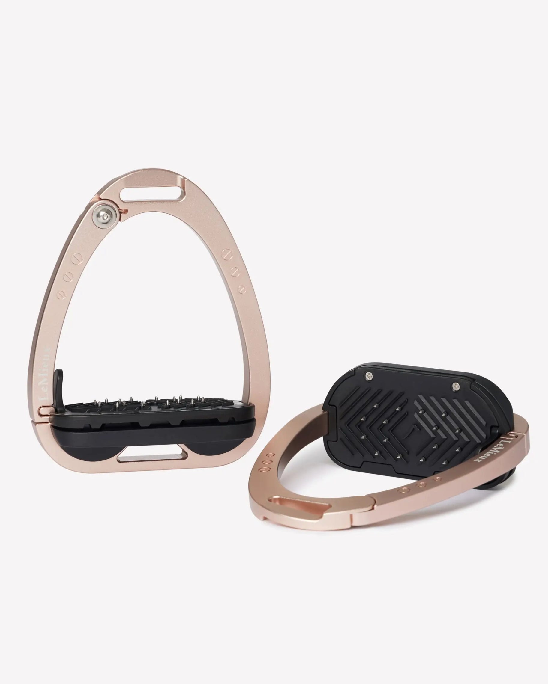 LeMieux Vector Balance Stirrups Rose Gold: Equestrian safety stirrups with release arm, ideal for jumping and eventing.
