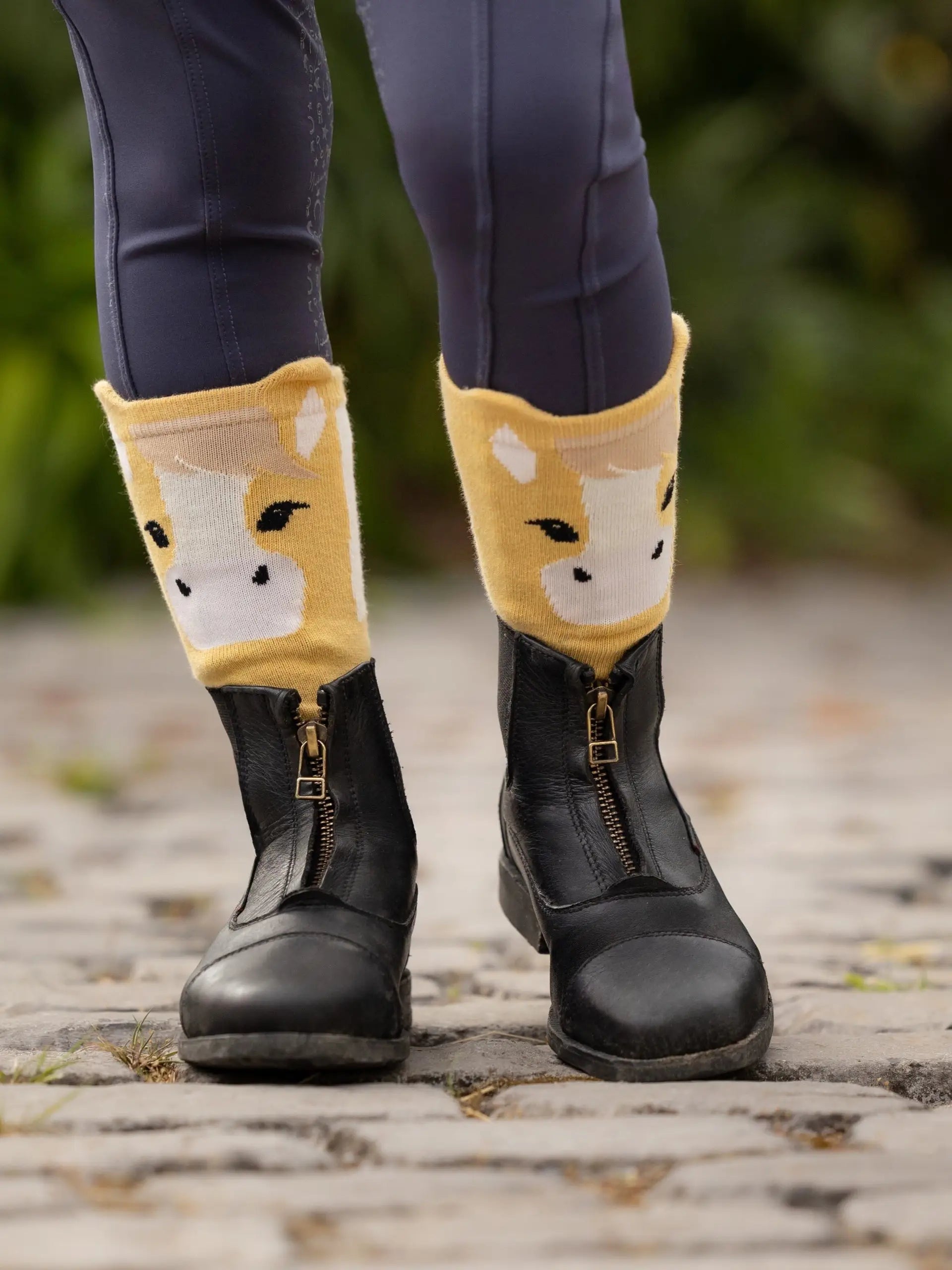 Lemieux Mini Character Socks: Lemon Horse Design with Riding Boots. Cute Equestrian Socks for Kids.