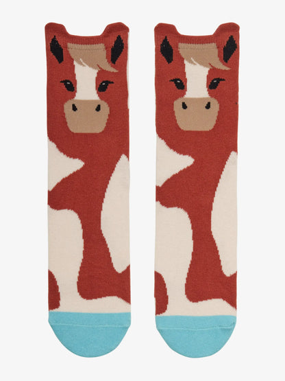 Kids horse socks 2 pack by Equiflair. Fun equestrian character socks for children. Brown and white socks with horse design.