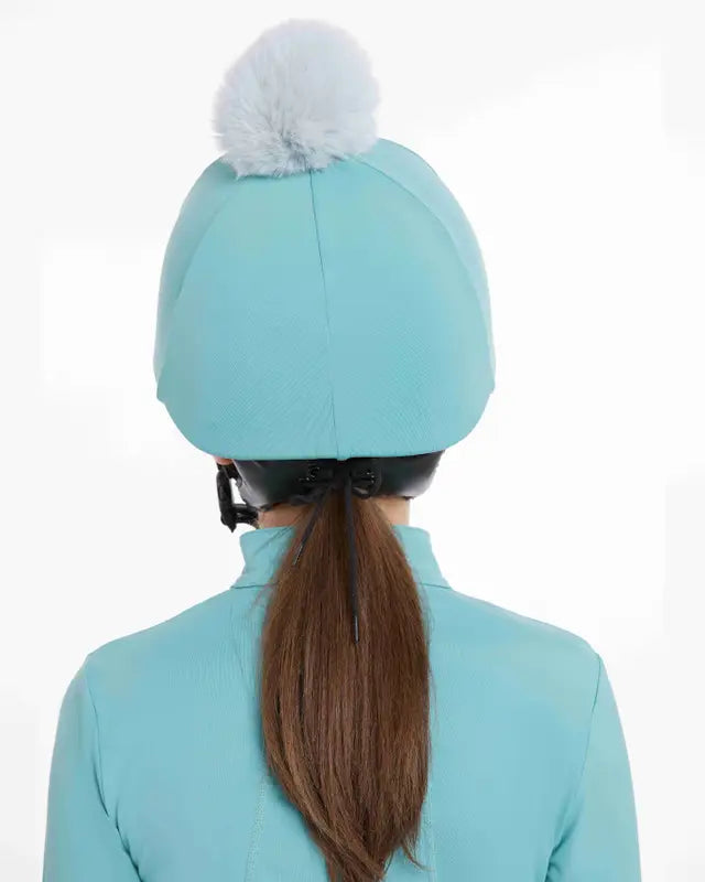 LeMieux Lagoon/Aqua Pom Hat Silk: Stylish Equestrian Helmet Cover with Detachable Faux Fur Pom Pom - Equiflair