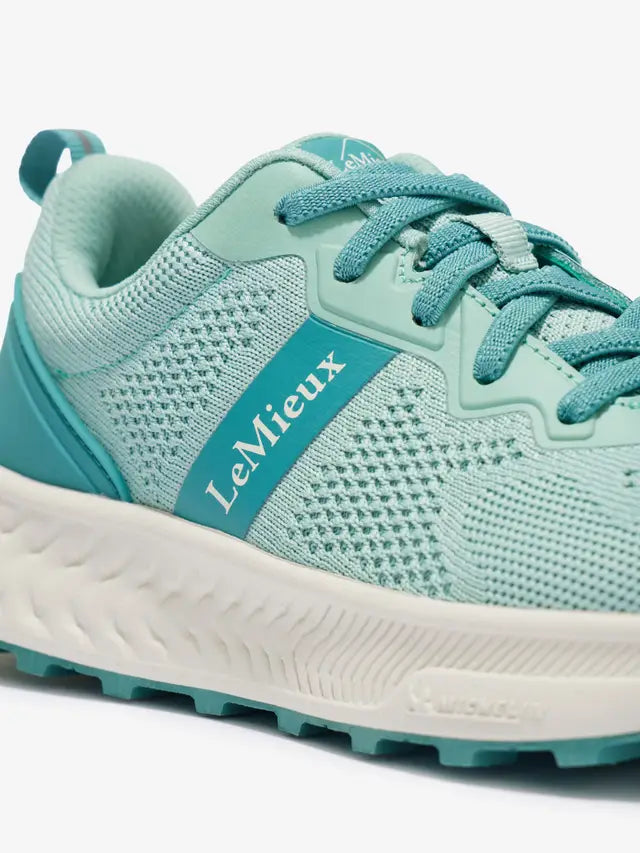 LeMieux Youth Trax-Lite Trainer Aqua: Comfortable slip-on shoe for young equestrians. Michelin sole ensures stability.