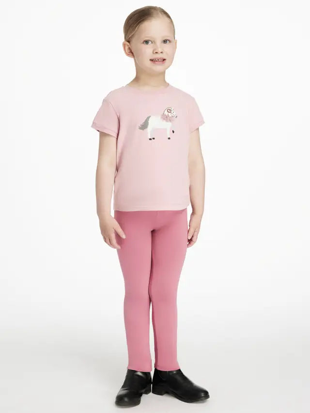 LeMieux Mini Legging 2 Pack: Child in Peony riding leggings and horse T-shirt, equestrian apparel