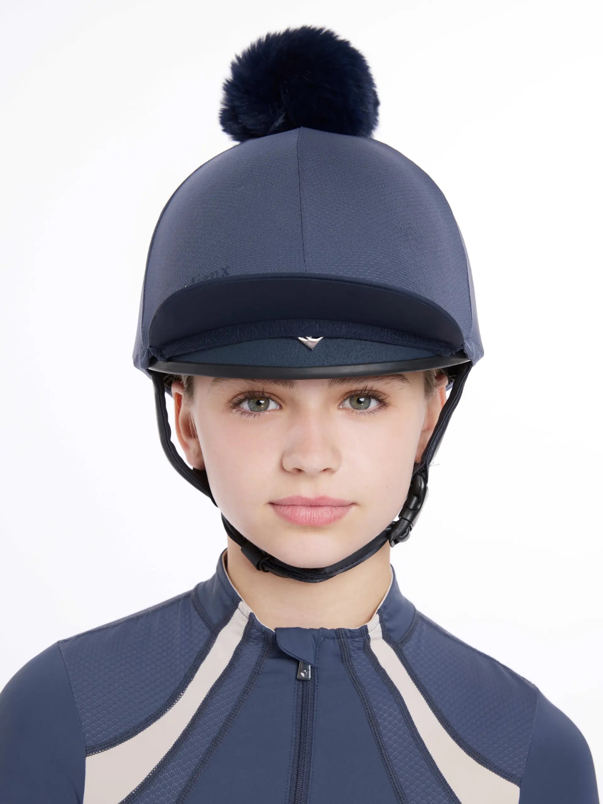 LEMIEUX MARIA MESH HAT SILK DUSK BLUE: Riding helmet with pom-pom