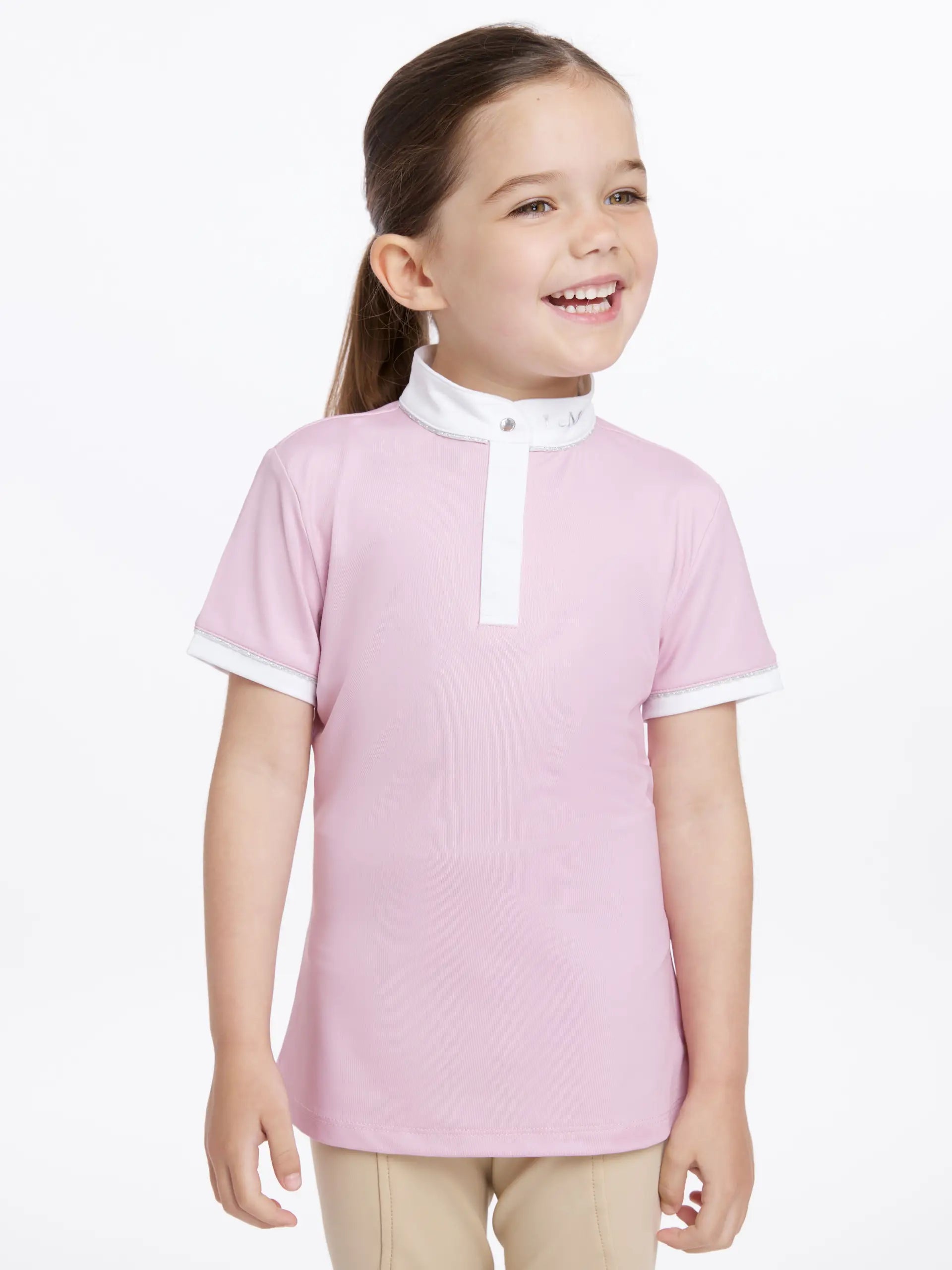 Girl in Lemieux Pink Equestrian Show Shirt - Kids Competition Apparel