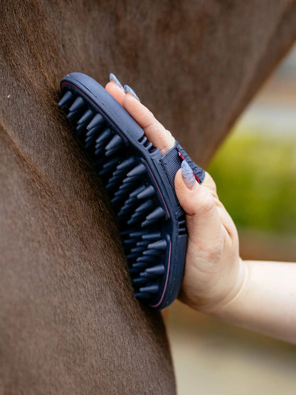 LeMieux Flexi Massage Brush Peony: Grooming horse with flexible rubber brush for deep clean & circulation. Equiflair store.