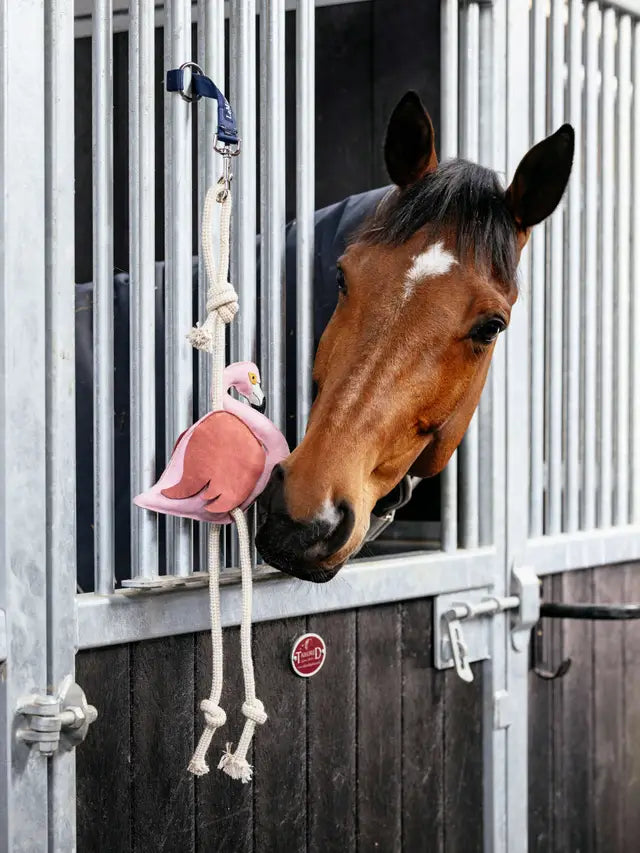 Horse Toy Flamingo by Lemieux at Equiflair: Curious horse with its Lemieux Flamingo toy in the stable. Boredom buster for horses.