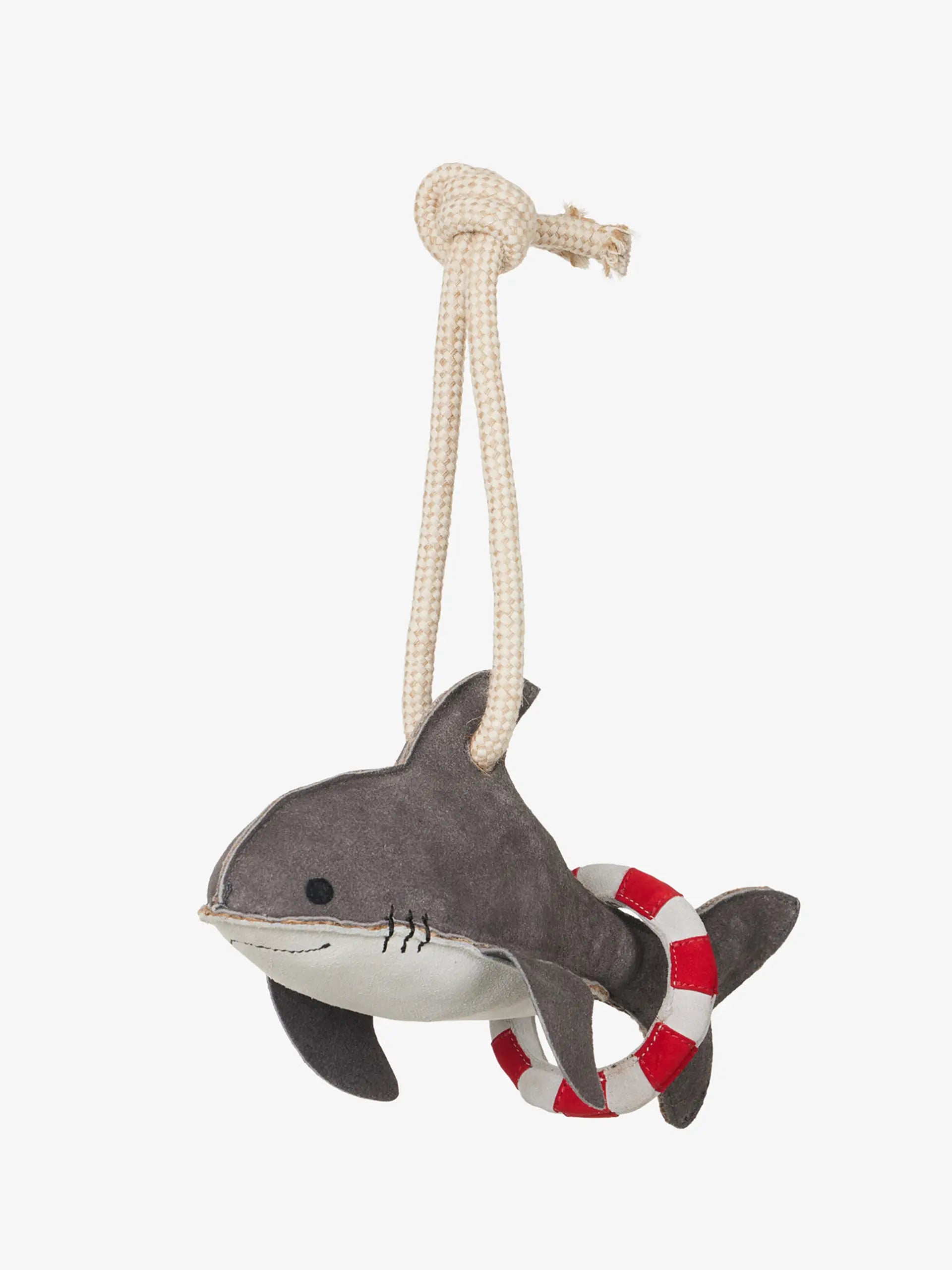 Equiflair Horse Toy: Shark with Life Ring. Hanging rope toy for stable boredom. Durable & hand-finished pull toy.