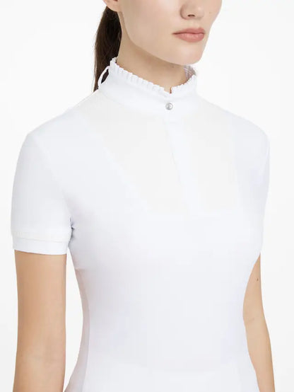 LeMieux Sophia White Show Shirt. Short sleeve equestrian show shirt with pleated collar & magnet placket. Perfect for competitions!