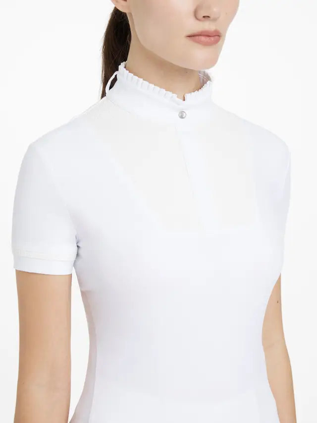 LeMieux Sophia White Show Shirt. Short sleeve equestrian show shirt with pleated collar & magnet placket. Perfect for competitions!