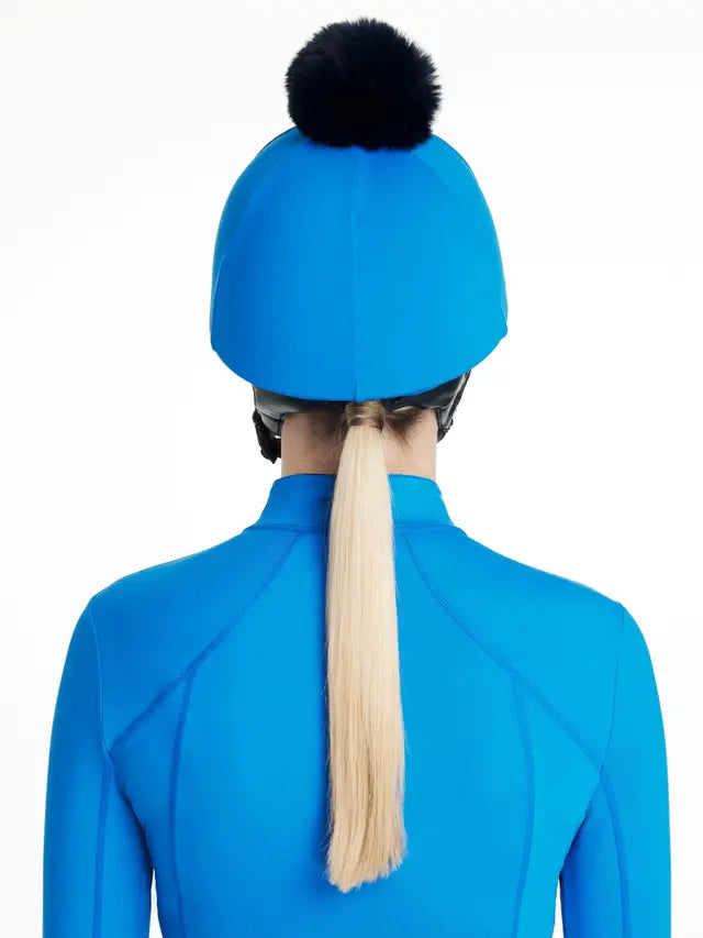 LeMieux Classique Benetton Blue Pom Hat Silk - Equestrian Helmet Cover with Detachable Faux Fur Pom Pom
