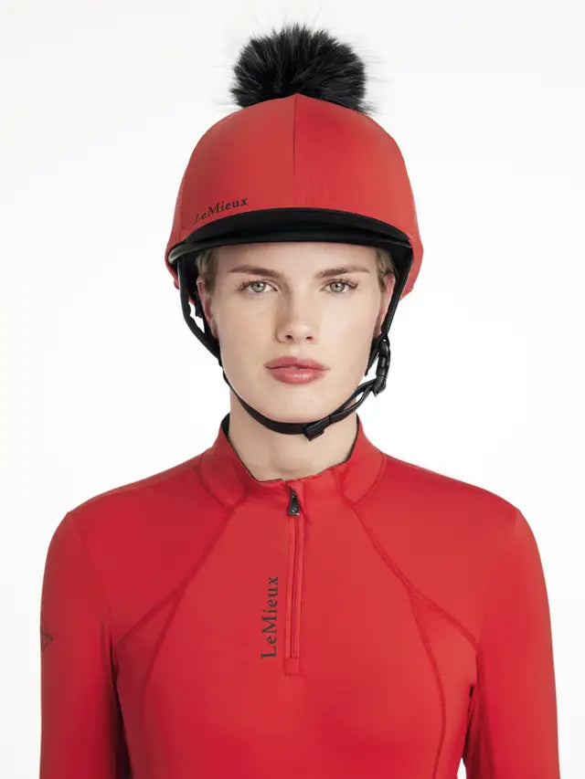LeMieux Classique Pom Hat Silk - Chilli Riding Helmet Cover with Faux Fur Pom Pom