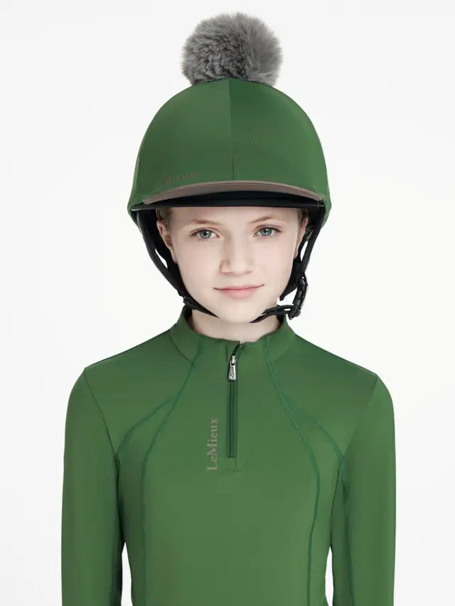 LeMieux Classique Pom Hat Silk Hunter Green: Stylish Equestrian Helmet Cover with Faux Fur Pom Pom