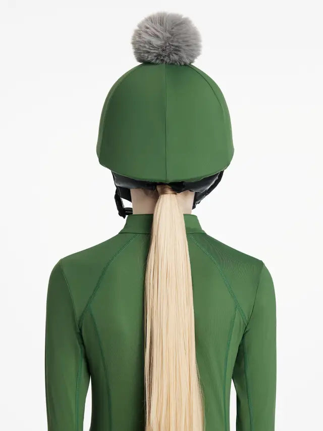 LeMieux Classique Hunter Green Hat Silk with Pom Pom - Stylish equestrian riding helmet cover