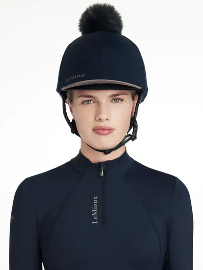 LEMIEUX CLASSIQUE POM HAT SILK NAVY equestrian riding helmet cover, navy pom pom hat, equestrian style