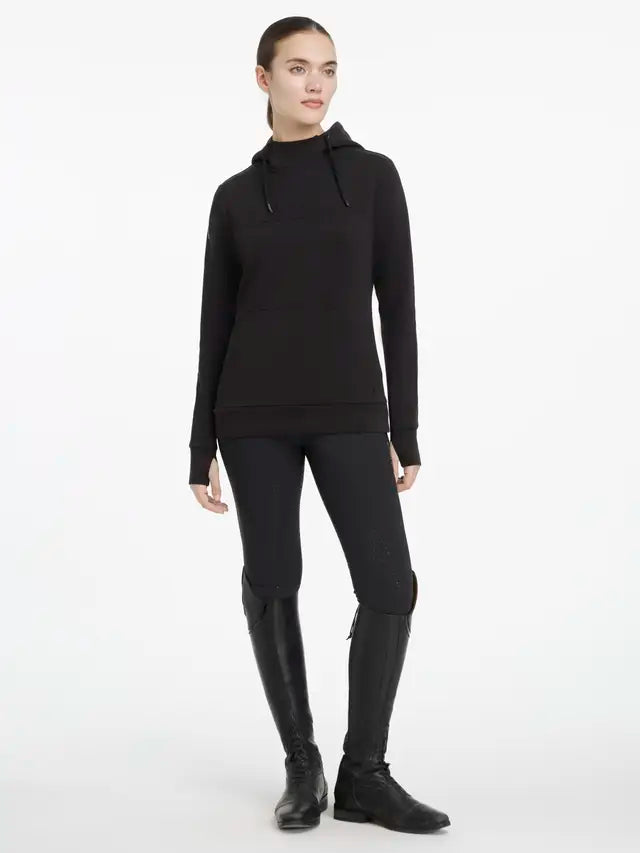 LeMieux Classique Black Hoodie: Woman in Equestrian Outfit - Stylish Riding Leggings & Boots