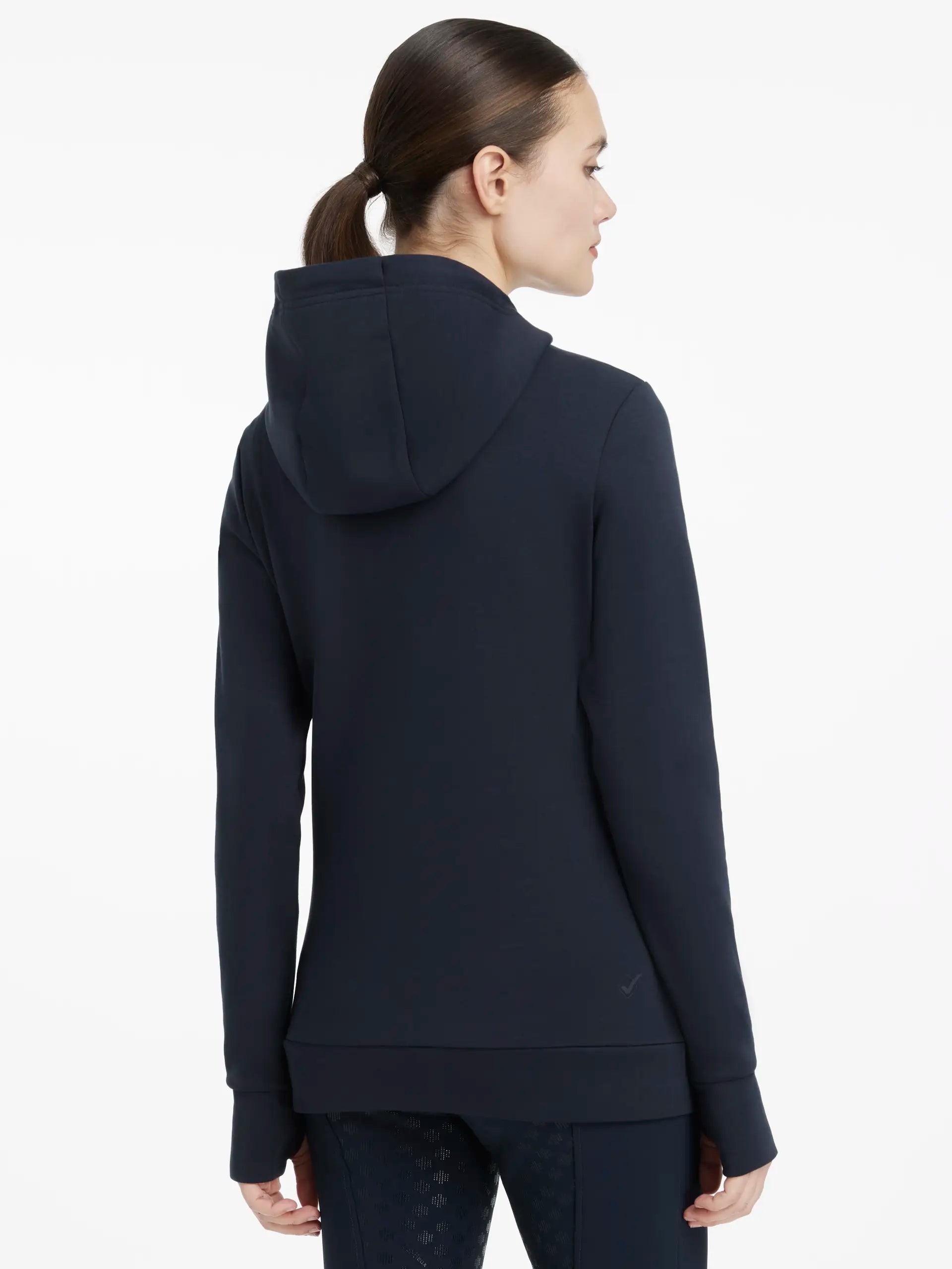 LeMieux Classique Navy Hoodie: Women's Equestrian Pullover, Stylish & Comfortable. View from the back.