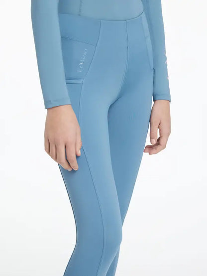 Lemieux Young Rider Orla Pull Ons Ice Blue: Equestrian riding leggings for youth with grip and moisture-wicking fabric.
