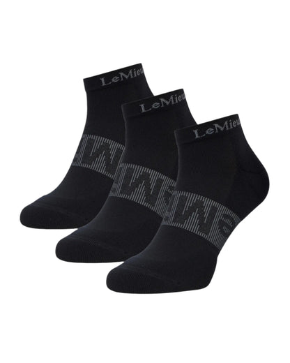 LeMieux Trainer Socks 3-Pack Black: Athletic workout socks with sweat-wicking material, padded heel and toe for superior comfort.