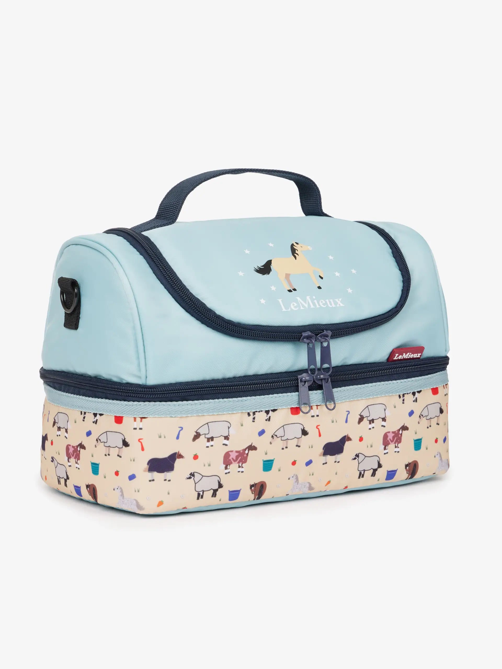 LEMIEUX MINI HOLDALL AQUA: Horse themed two-compartment lunch bag. Perfect for kids, picnics, and grooming.