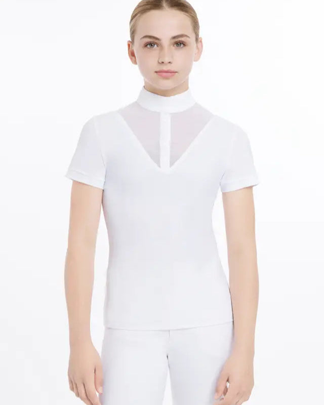 LeMieux Young Rider Eva White Show Shirt: Short Sleeve Equestrian Riding Shirt with Mesh, Magnetic Closure. Perfect for Junior Competitions!
