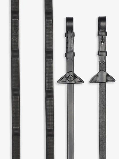 LeMieux Ergo Grip Rubber Reins Black: Premium horse riding reins with textured rubber stoppers for superior grip and billet attachments.