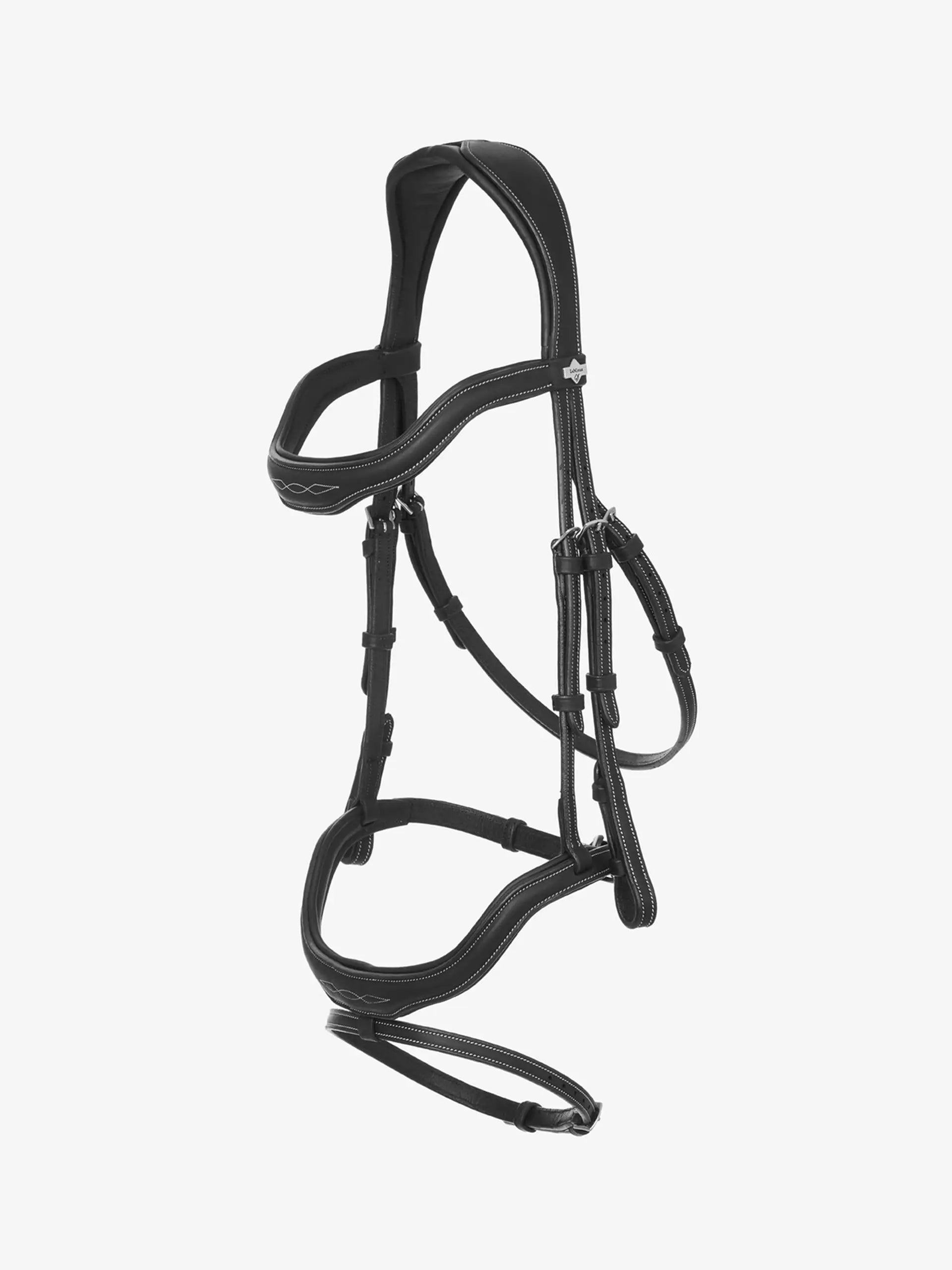 LeMieux Kudos Black Leather Bridle with White Stitching for Horse Riding on White Background