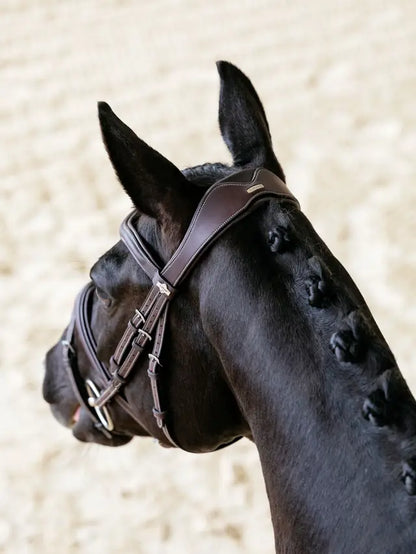 LeMieux Kudos Contour Bridle: Brown leather horse bridle with anatomical design for comfort, available at Equiflair.