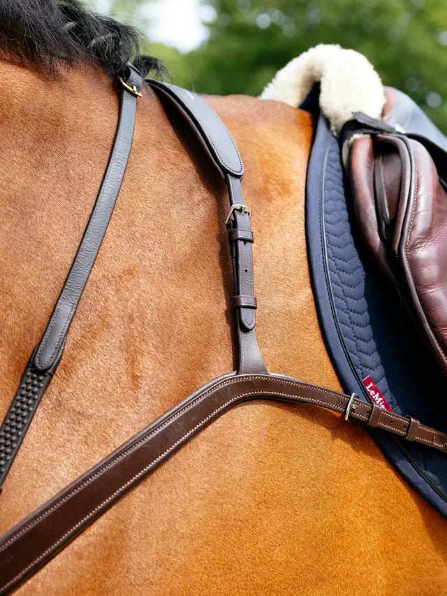 LEMIEUX Kudos Bridge Breastplate Havana: Leather horse breastplate, equestrian equipment for comfortable horse riding.