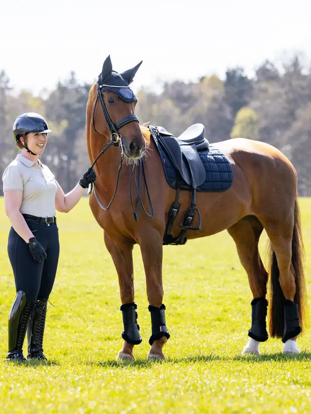 LeMieux Dressage Pad on Horse with Rider: 3D Mesh Self-Cooling Square Navy for Equine Comfort | Equiflair
