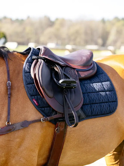 LEMIEUX 3D MESH Self-Cool Eurojump Square Navy Saddle Pad on a horse - breathable & comfortable for warm weather riding.…
