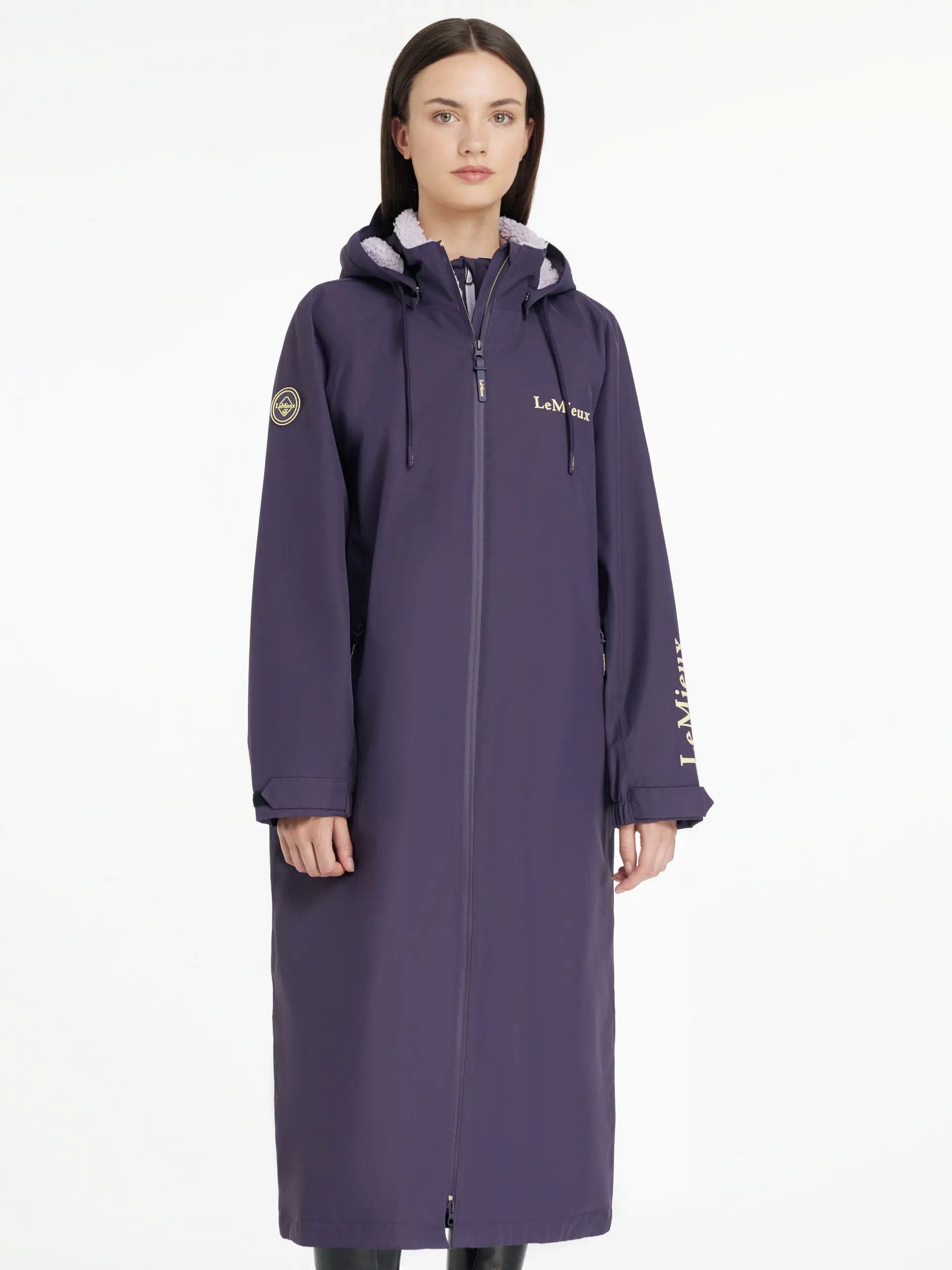 LeMieux HydroShield Robe Juniper: Waterproof riding coat from Equiflair. Full-length coat with hood and branding.
