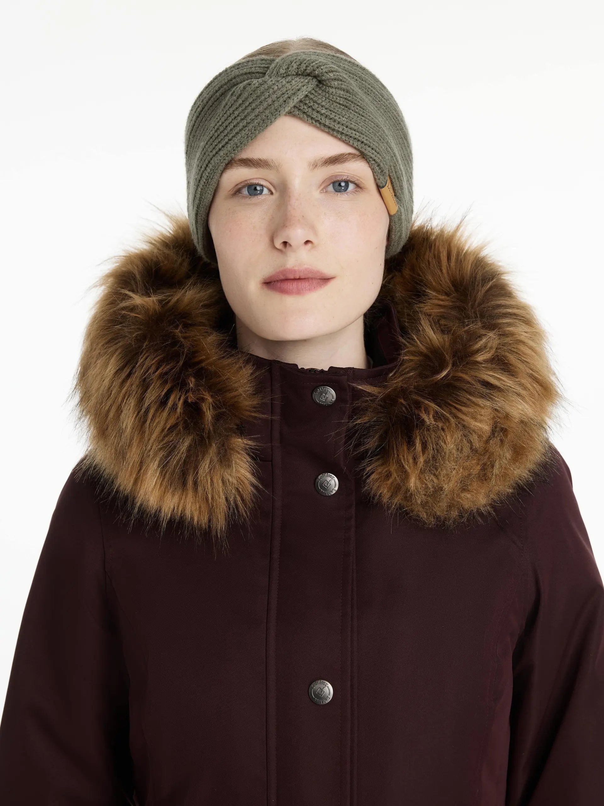 LeMieux Clara Rib Knit Knot Headband - Rosemary. Fleece Lined Headband & LeMieux Jacket.