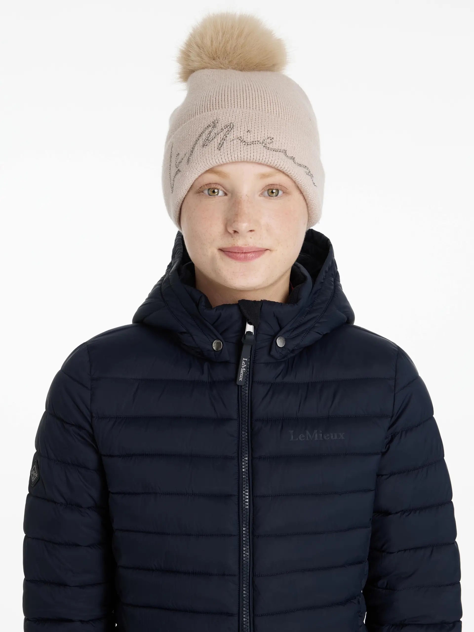 LeMieux Sparkle Beanie Stone - Rib Knit Women's Winter Hat with Pom Pom & Sparkle Detailing, from Equiflair.
