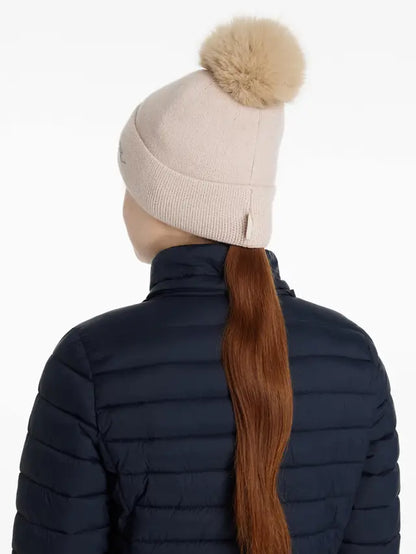 LeMieux Sparkle Beanie Stone - Winter Hat with Faux Fur Pom Pom - Equestrian Style