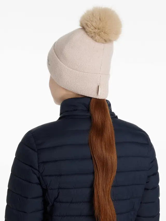 LeMieux Sparkle Beanie Stone - Winter Hat with Faux Fur Pom Pom - Equestrian Style